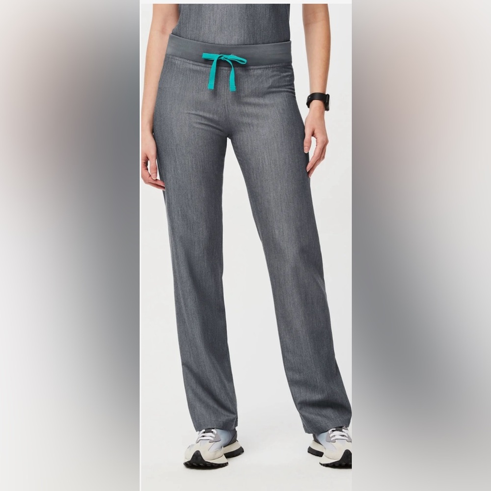 Figs Gray Pants with Teal Drawstring